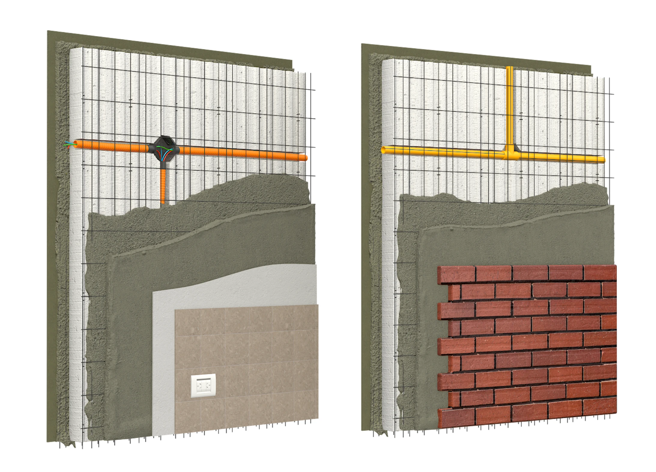 Corte de paneles Cassaforma con instalaciones eléctricas y sanitarias, muro interior y muro exterior