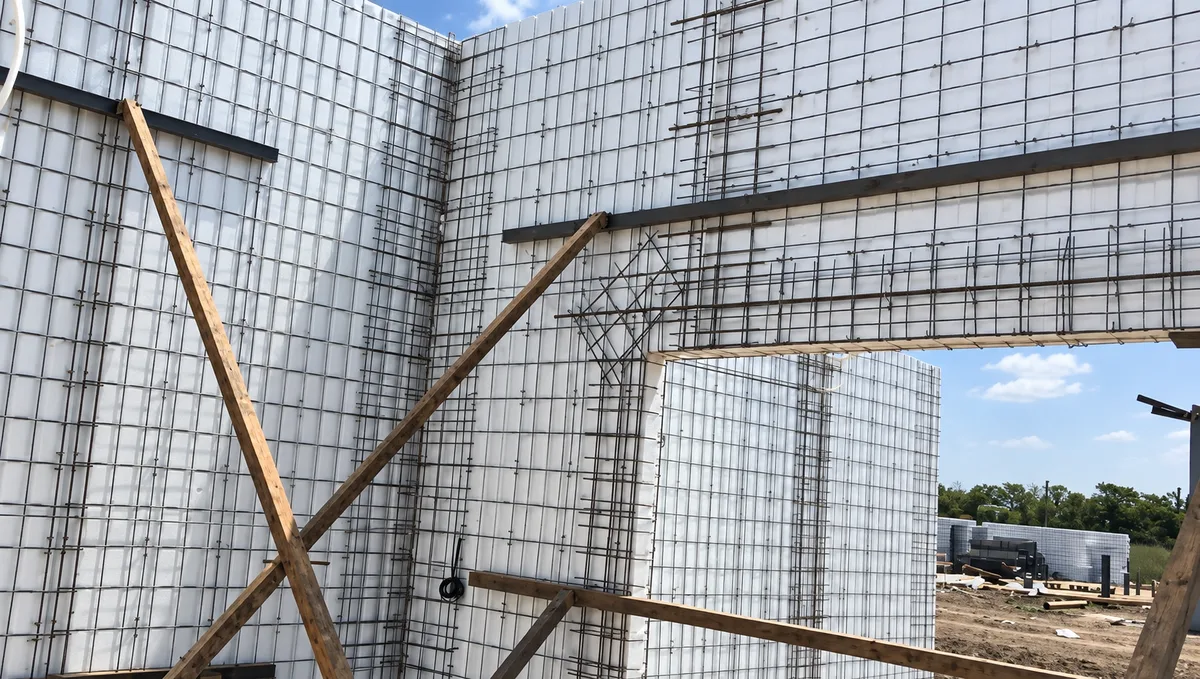 Muro Cassaforma apuntalado con reglas de madera por el interior, previo a la proyección